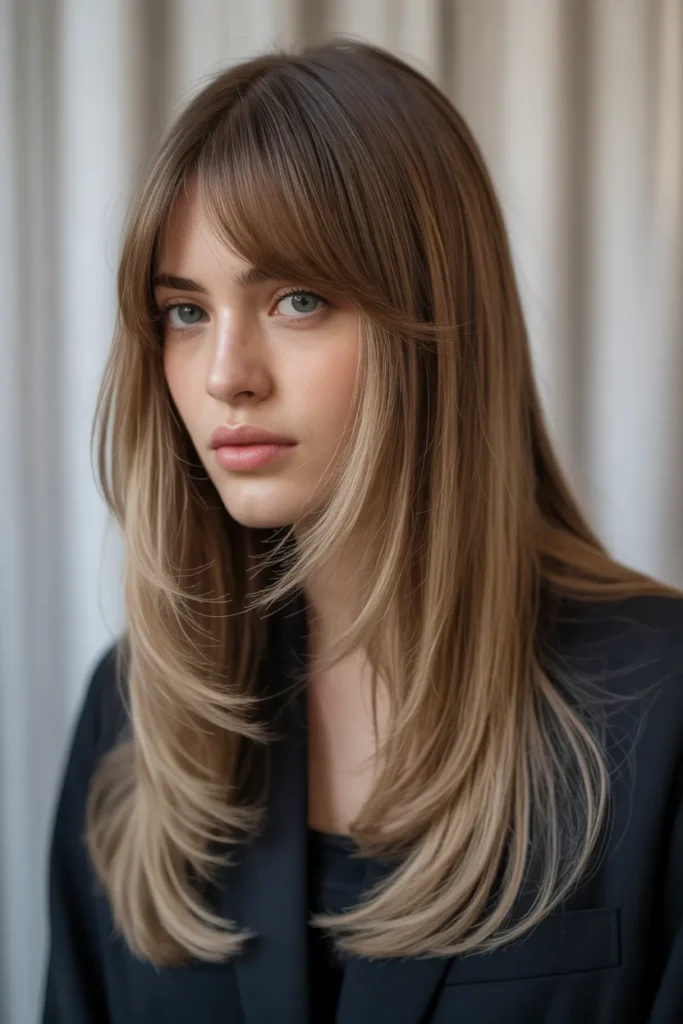 Long Sleek Hair with Long Curtain Bangs