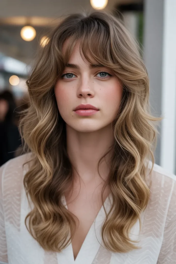 Long Textured Waves with Long Bangs