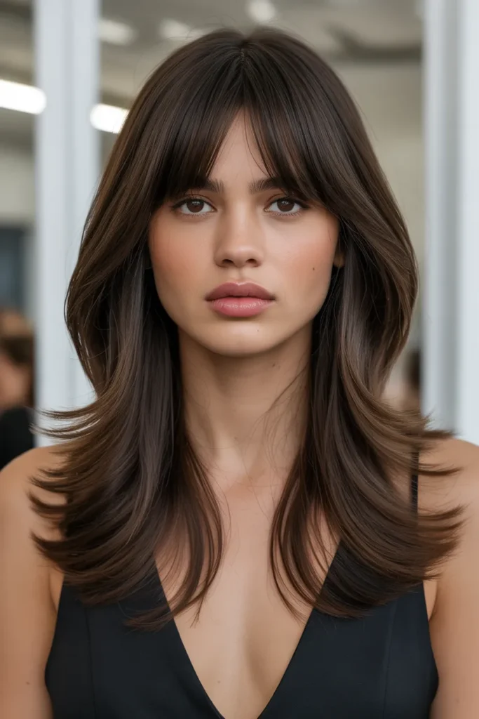 Long V-Cut Layers with Curtain Bangs