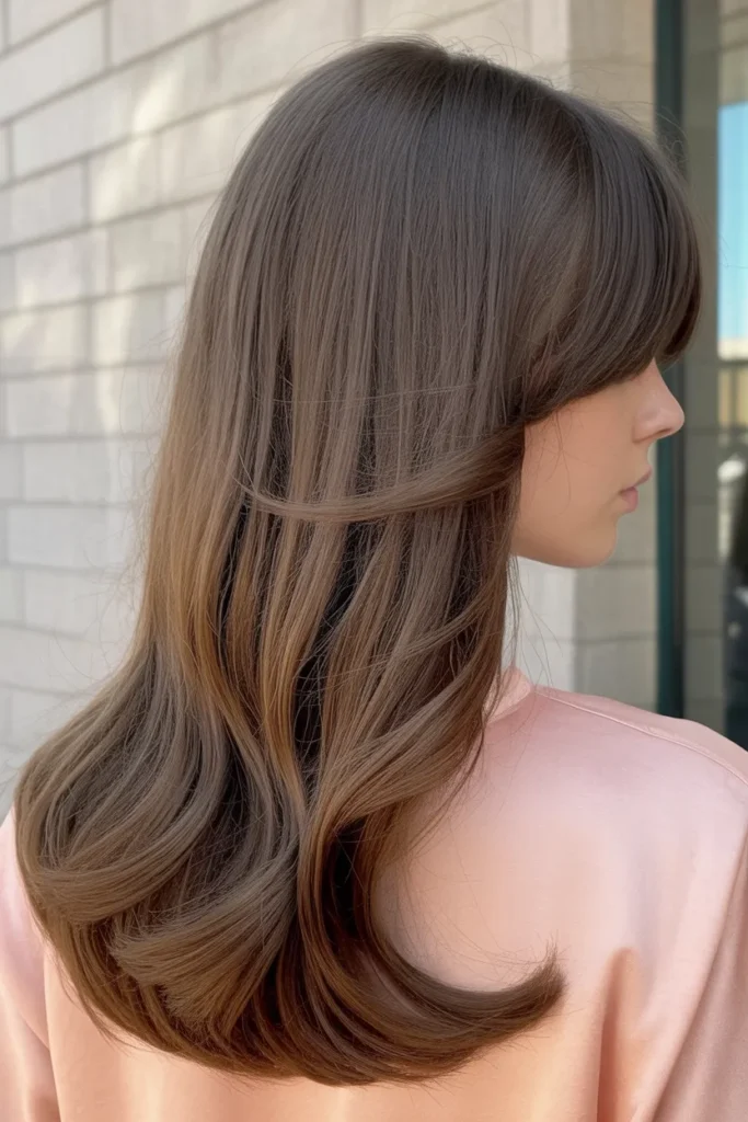 Long V-Cut Layers with Side-Swept Bangs