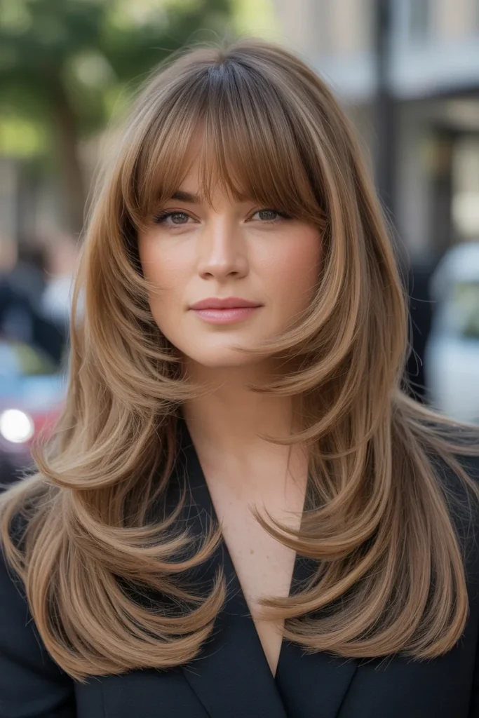 Long Voluminous Layers with Soft Bangs