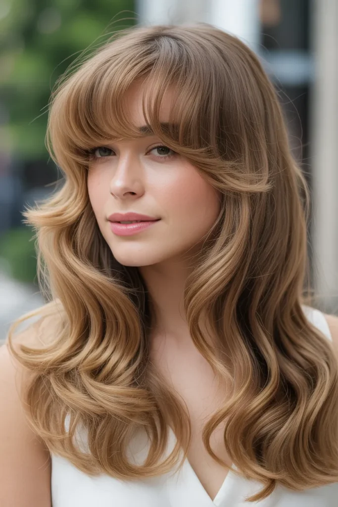 Long Wavy Hair with Side-Swept Bangs