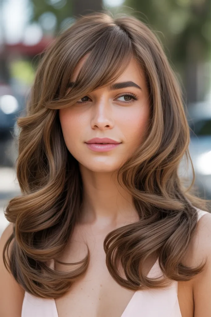 Long Wavy Layers with Side-Swept Bangs