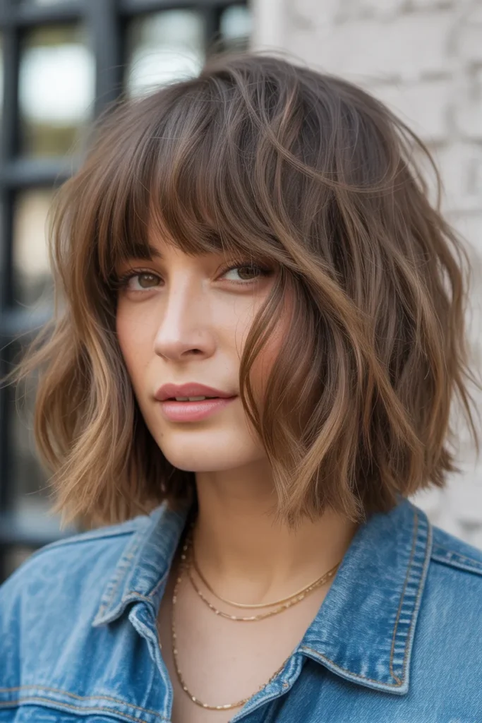 Messy Textured Long Bob with Curtain Bangs