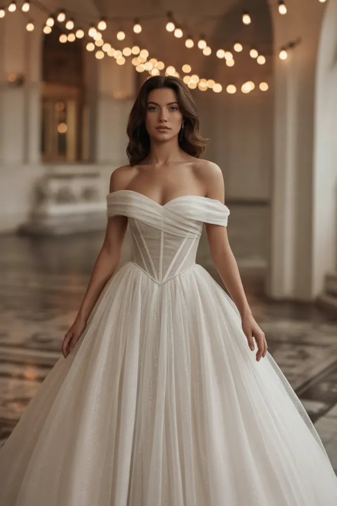 Off-Shoulder Princess Gown with Flowing Skirt