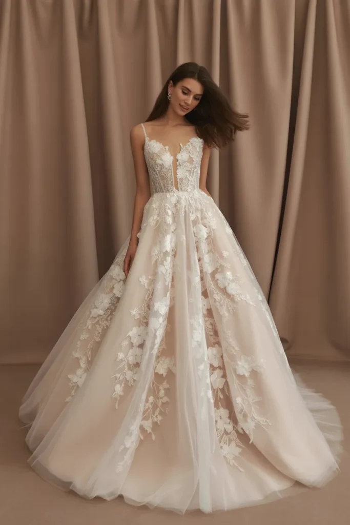 Romantic Lace Ball Gown with Floral Appliqués