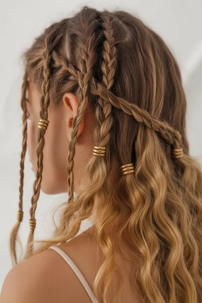 Shoulder-Length Boho Knotless Braids with Golden Cuffs