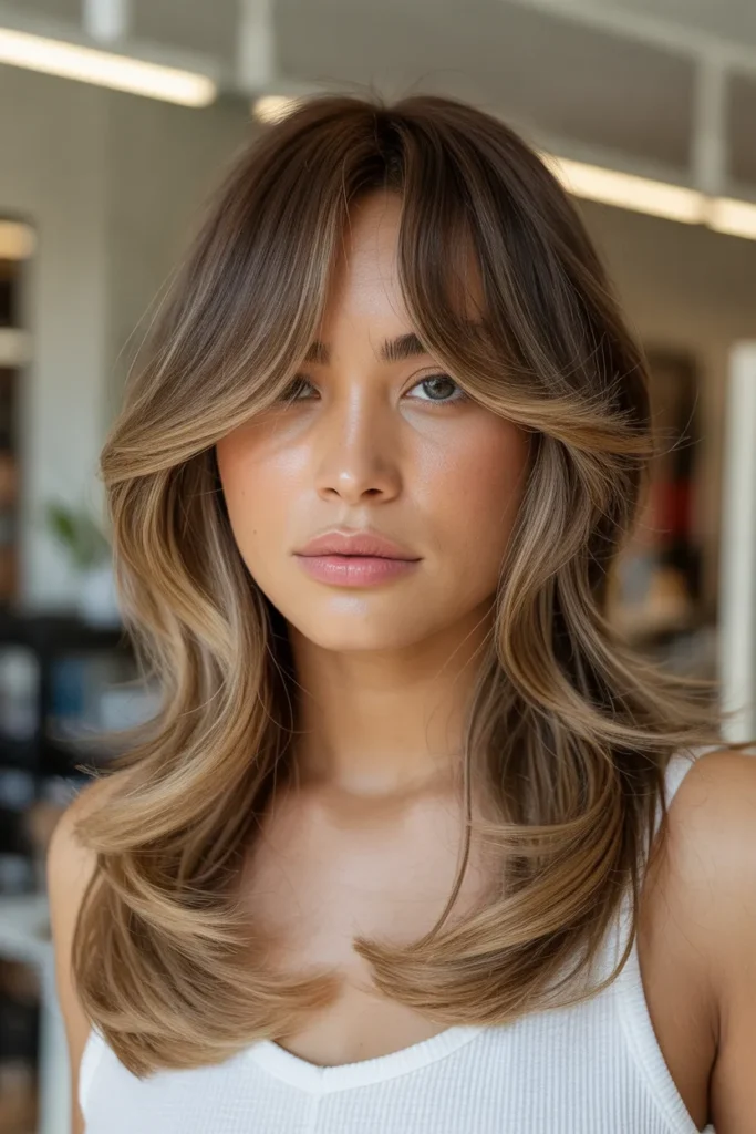 Side-Swept Curtain Bangs with Long Layers