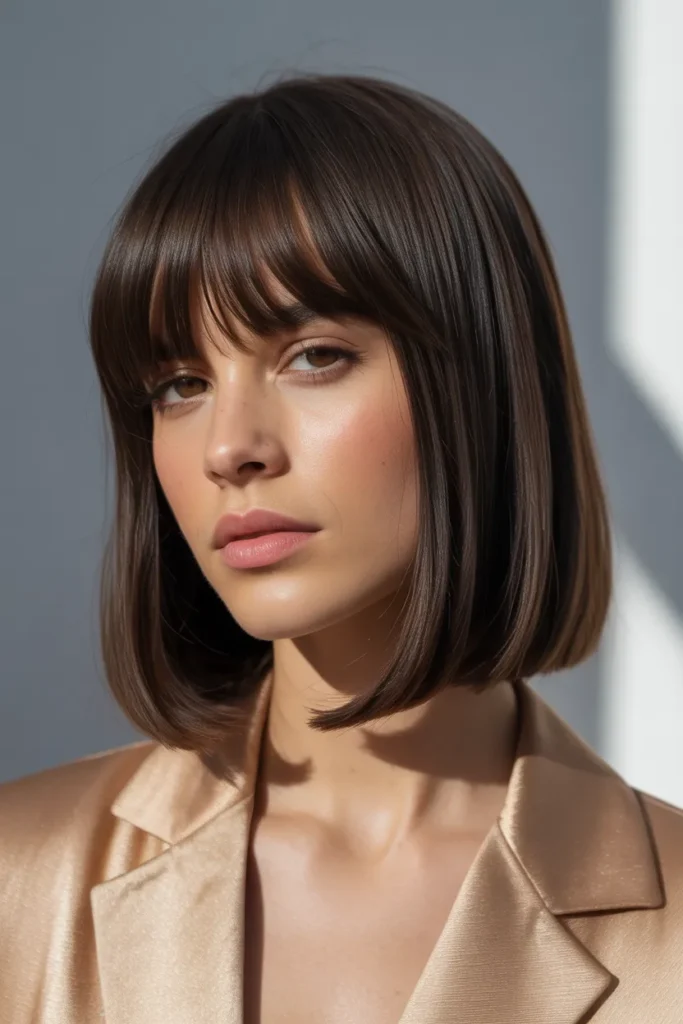 Sleek Angled Long Bob with Curtain Bangs