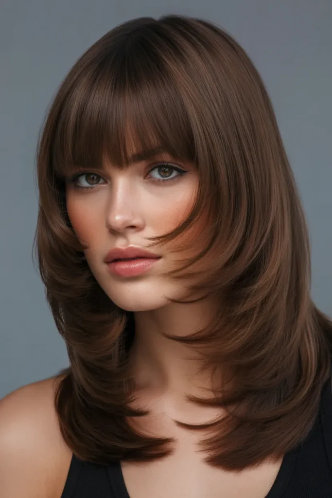Sleek Butterfly Haircut with Blunt Bangs