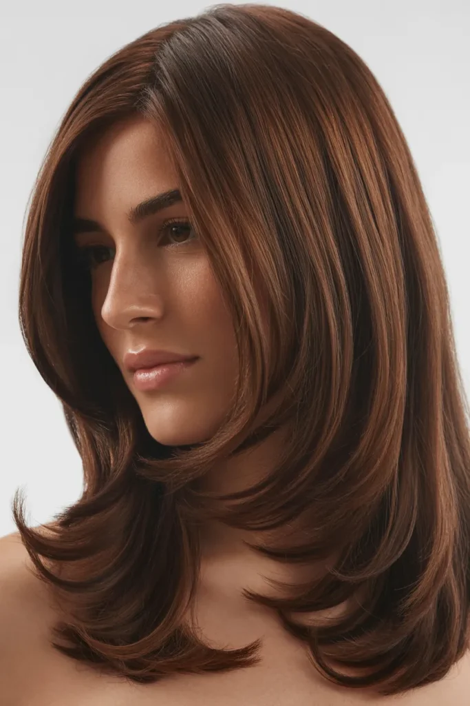 Sleek Long Layers with Side Bangs