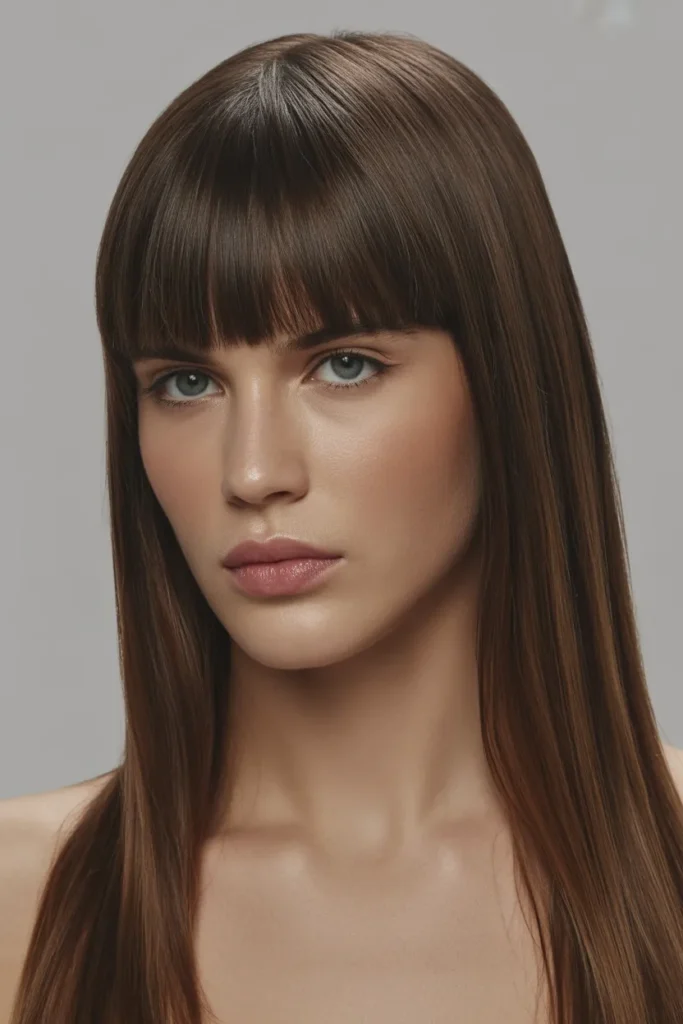 Sleek Straight Long Hair with Blunt Bangs