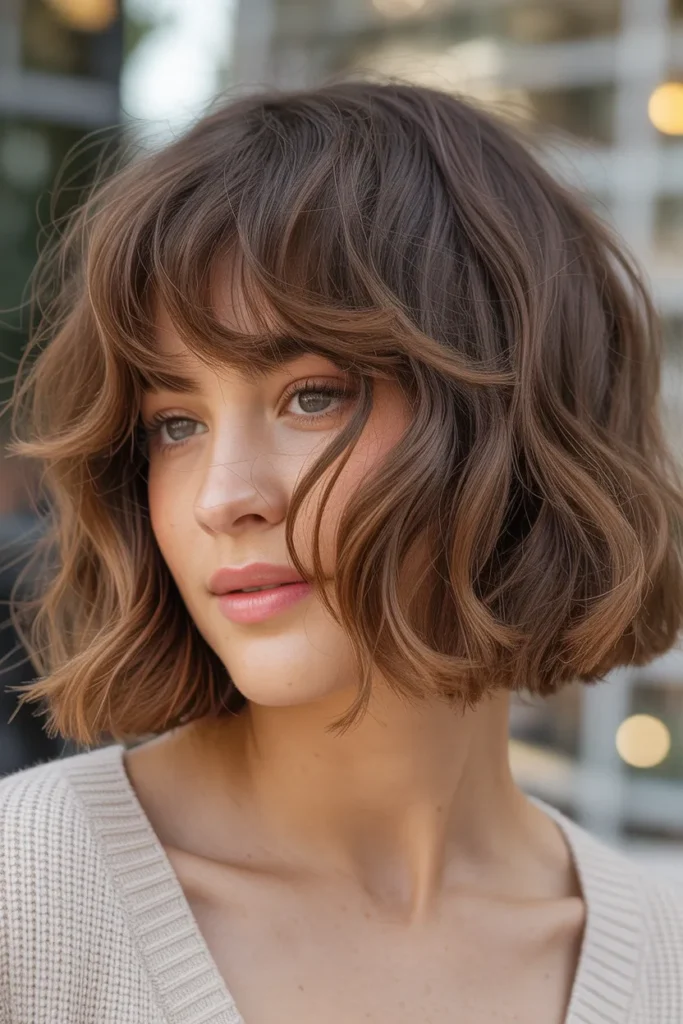 Slightly Wavy Bob with Wispy Bangs