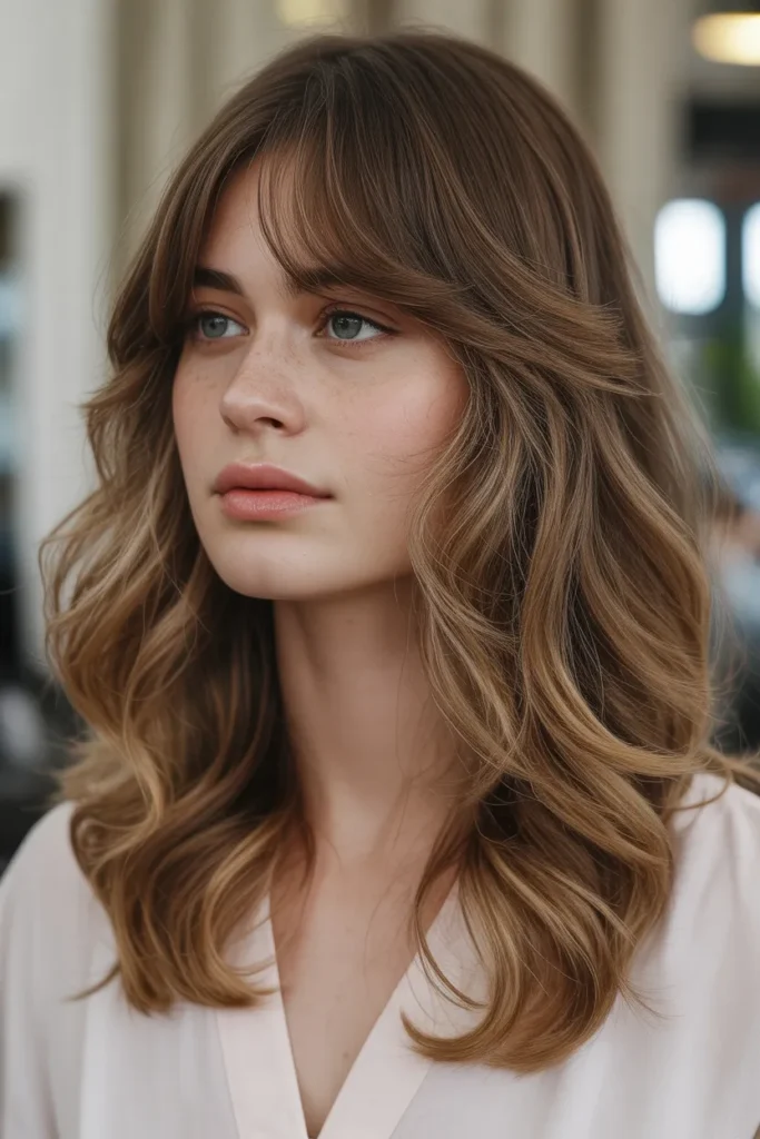 Soft Balayage Waves with Feathered Curtain Bangs