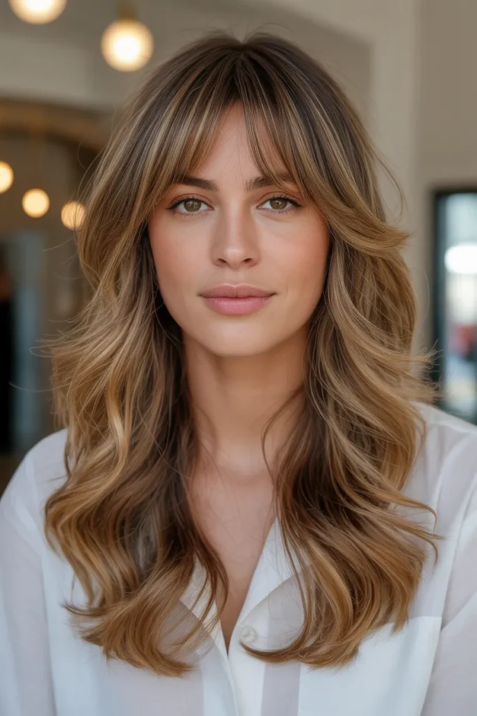 Soft Caramel Waves with Blended Curtain Bangs