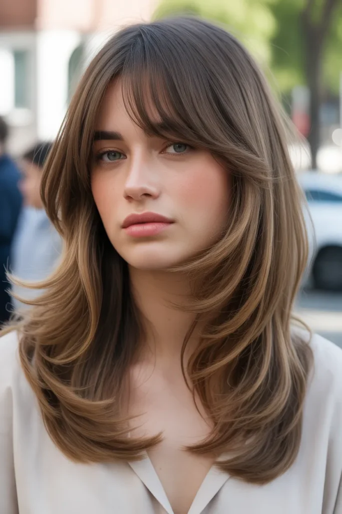 Soft Feathered Long Layers with Curtain Bangs