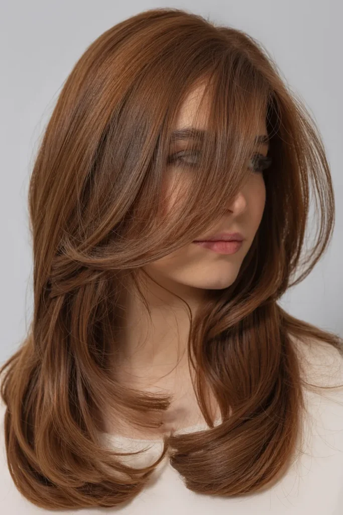 Soft Long Layers with Sweeping Side Bangs