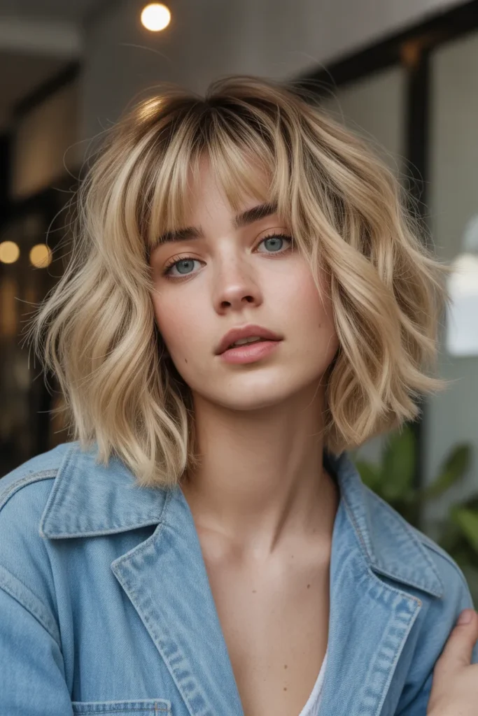 Textured Long Bob with Curtain Bangs