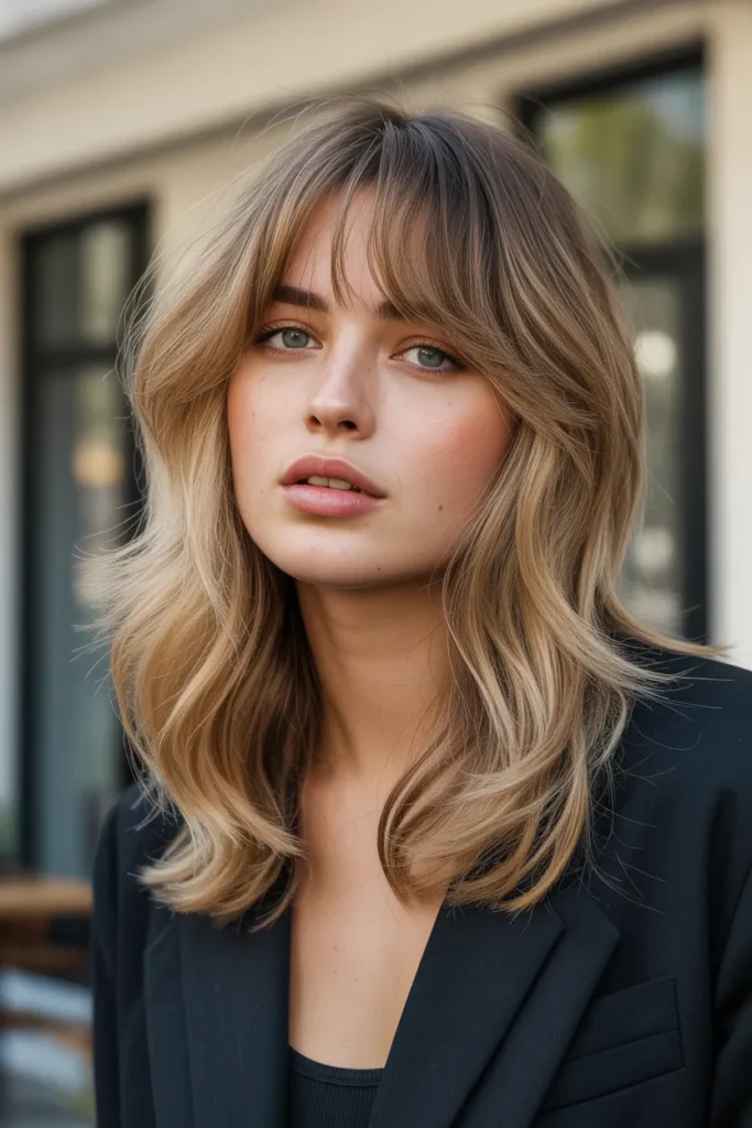 Textured Long Layers with Curtain Bangs
