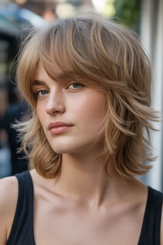 Textured Medium Hair with Feathered Wispy Bangs