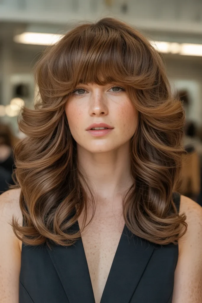 Thick Voluminous Waves with Dramatic Curtain Bangs