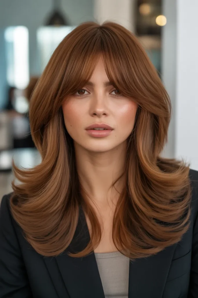 Voluminous Blowout Long Layers with Curtain Bangs