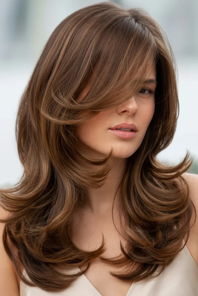 Voluminous Long Layers with Side Bangs