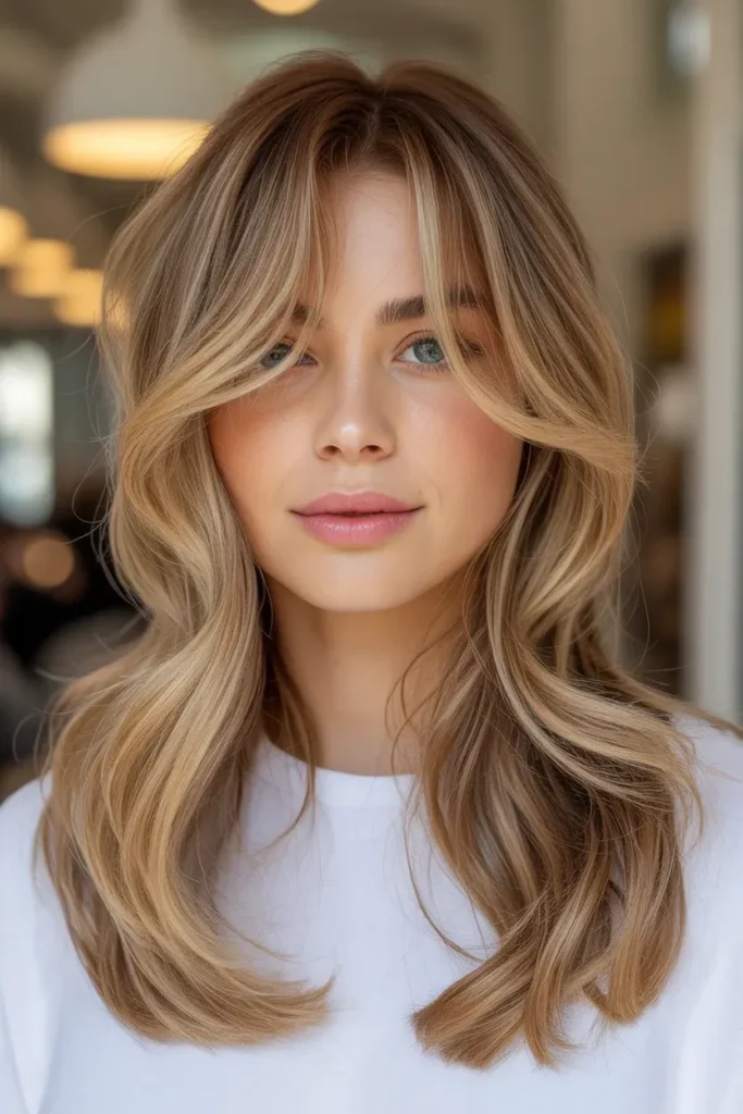 Honey Blonde Curtain Bangs