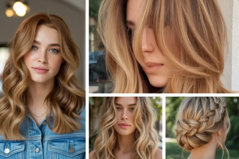 Golden blonde hair color ideas, featured collage