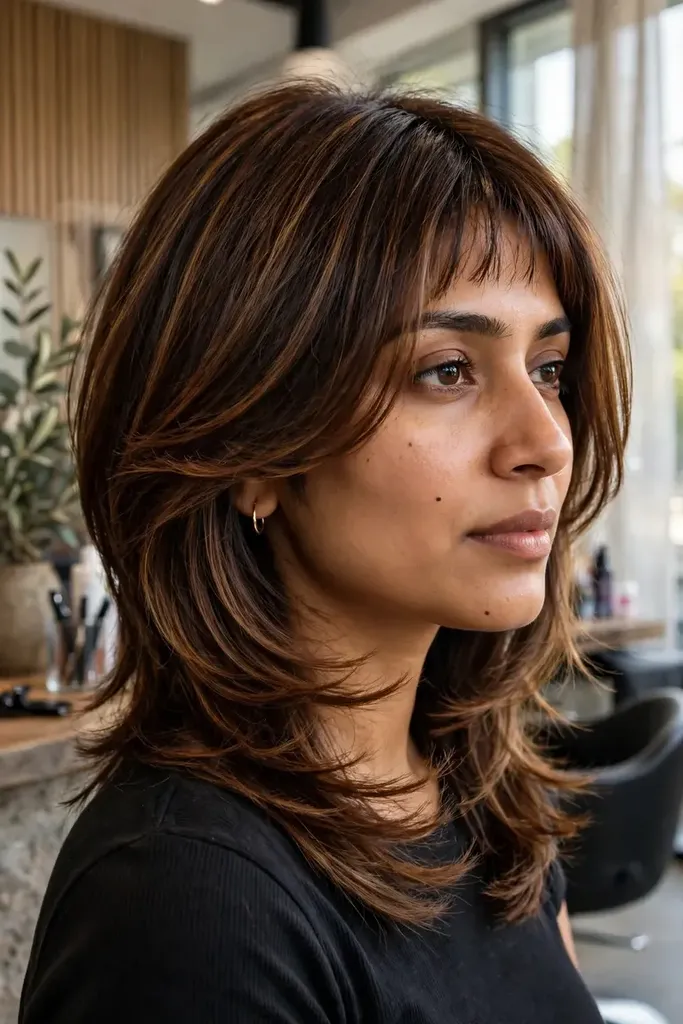 Classic bottleneck butterfly haircut with soft chin-length layers, front view, bottleneck butterfly haircut