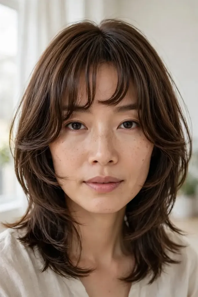 Bottleneck butterfly cut with curtain-blend bangs, front view, bottleneck butterfly haircut