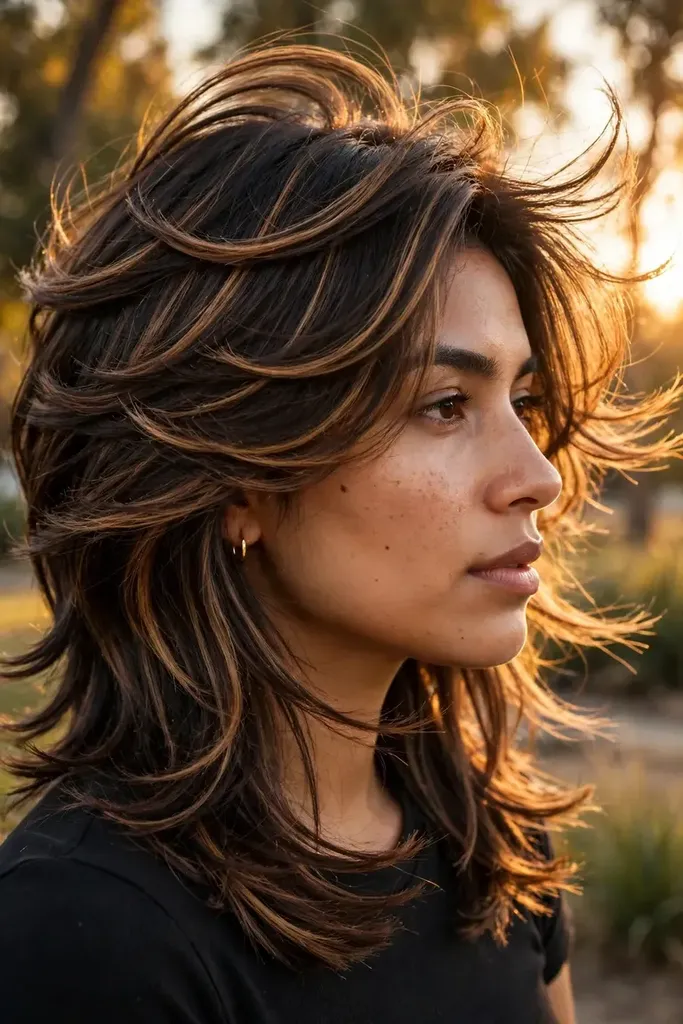 Dimensional brunette bottleneck butterfly haircut, front view, bottleneck butterfly haircut