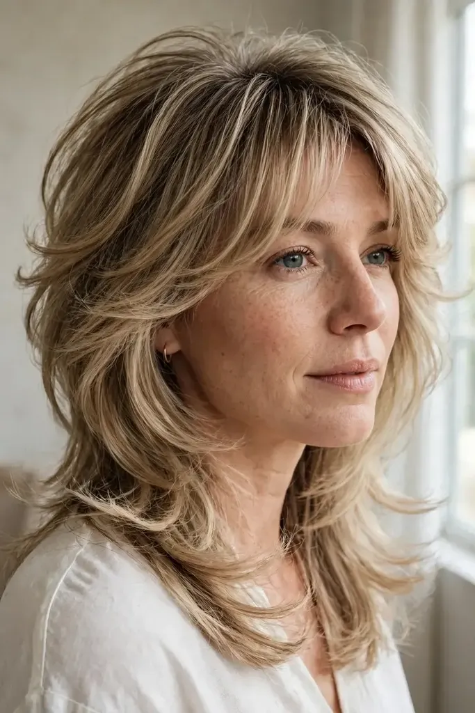 Bottleneck butterfly cut for fine hair with longer layers, front view, bottleneck butterfly haircut