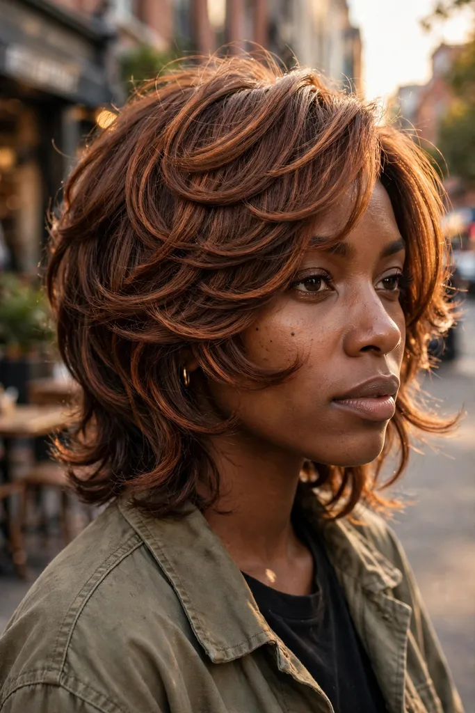 Copper brunette bottleneck butterfly haircut, front view, bottleneck butterfly haircut