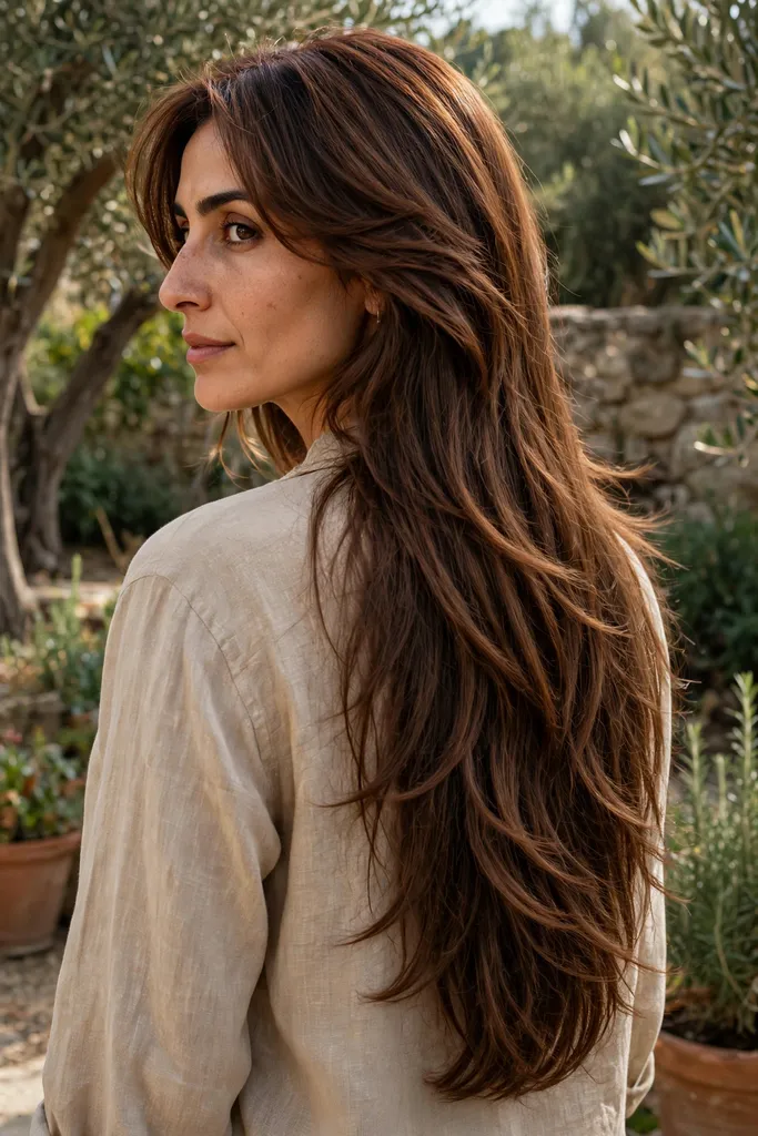 Long bottleneck butterfly haircut with face-framing layers, front view, bottleneck butterfly haircut
