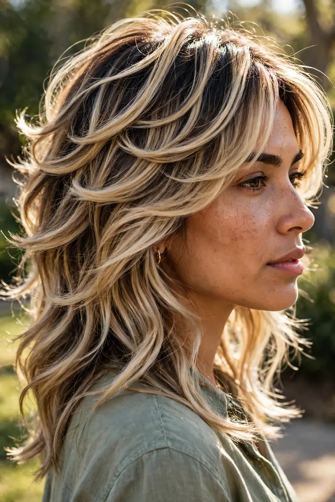Blonde balayage bottleneck butterfly haircut, front view, bottleneck butterfly haircut