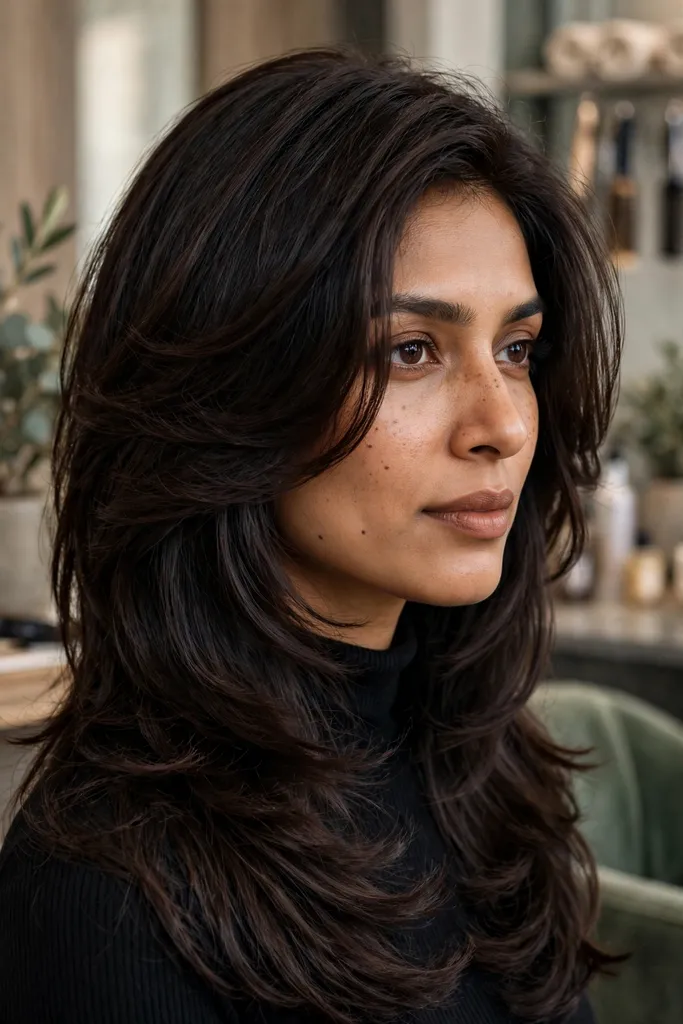 Bottleneck butterfly haircut for thick hair with thinned layers, front view, bottleneck butterfly haircut