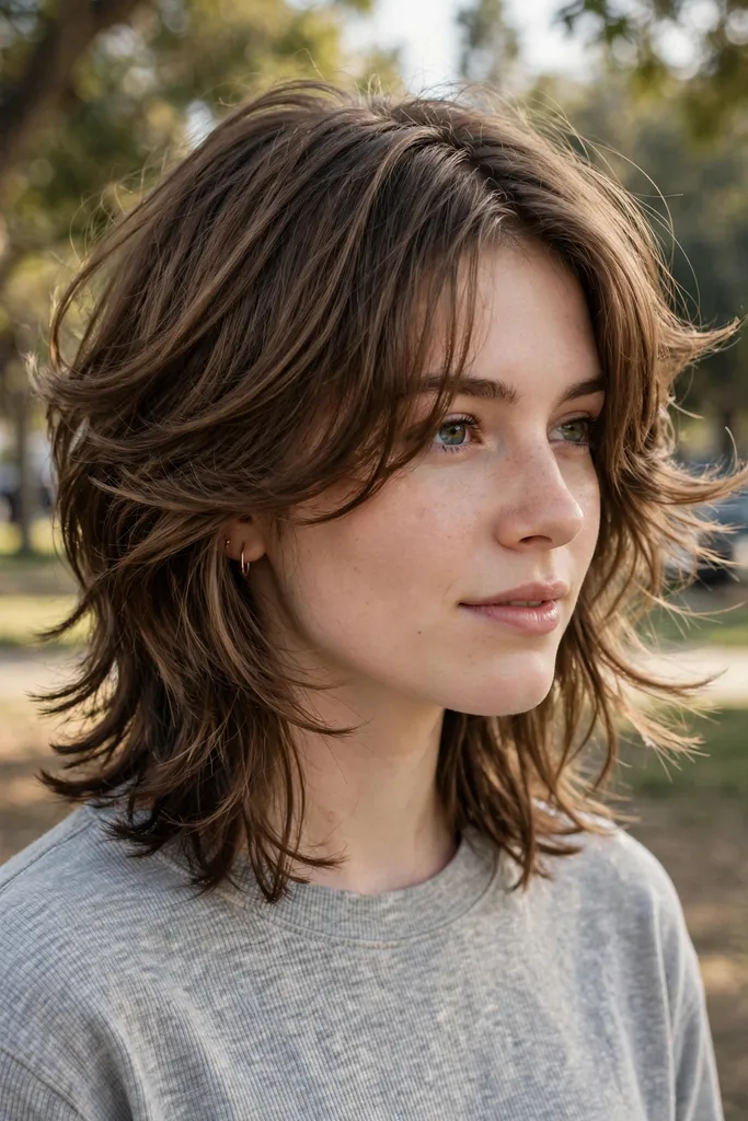 Modern bottleneck butterfly haircut with airy ends, front view, bottleneck butterfly haircut