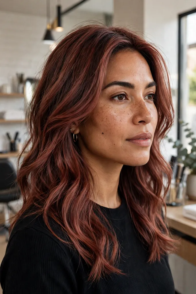 Muted copper red hair with auburn lowlights — muted copper red hair color styles