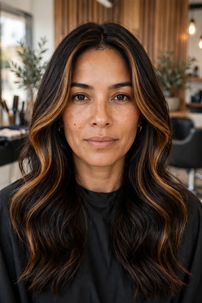 Espresso hair with toffee money piece — dimensional brunette hair looks