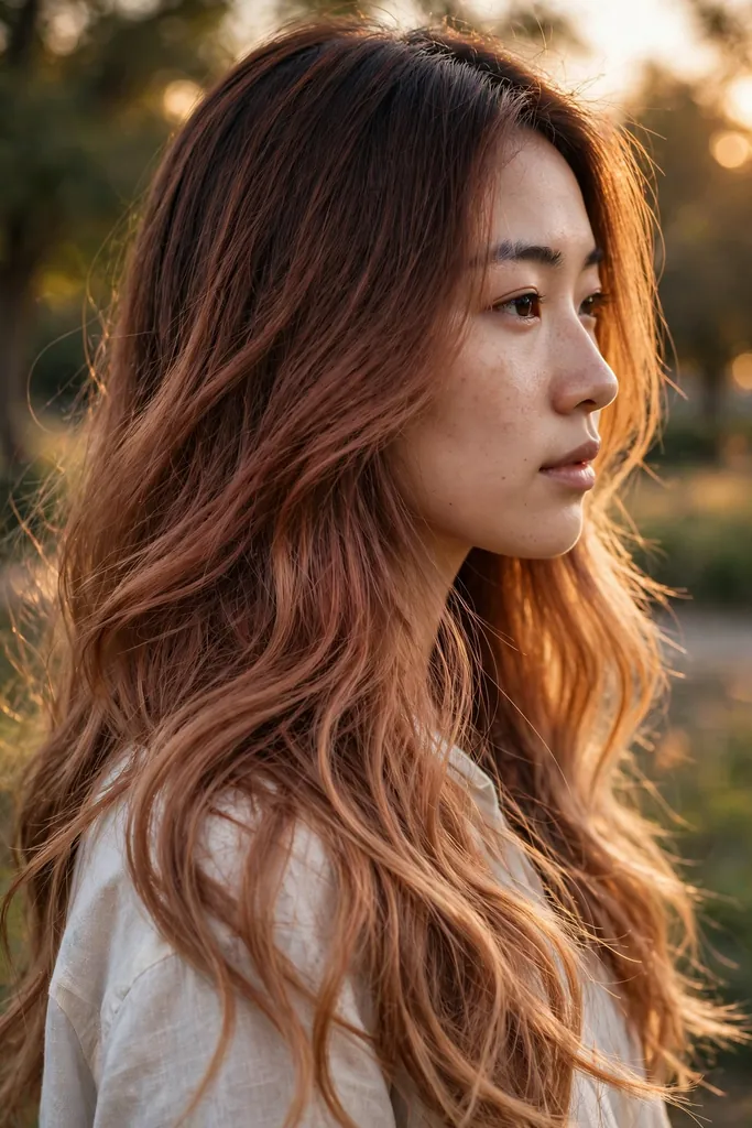 Muted copper melt on long hair — muted copper red hair color styles