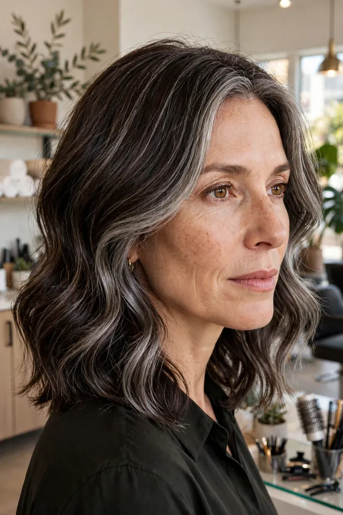Silver-touched brunette hair — dimensional brunette hair looks