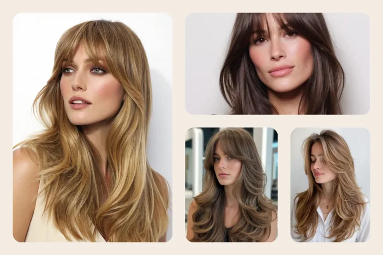 Long curtain bangs with layers, featured collage