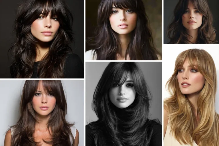 Long layered hair with bangs, featured collage