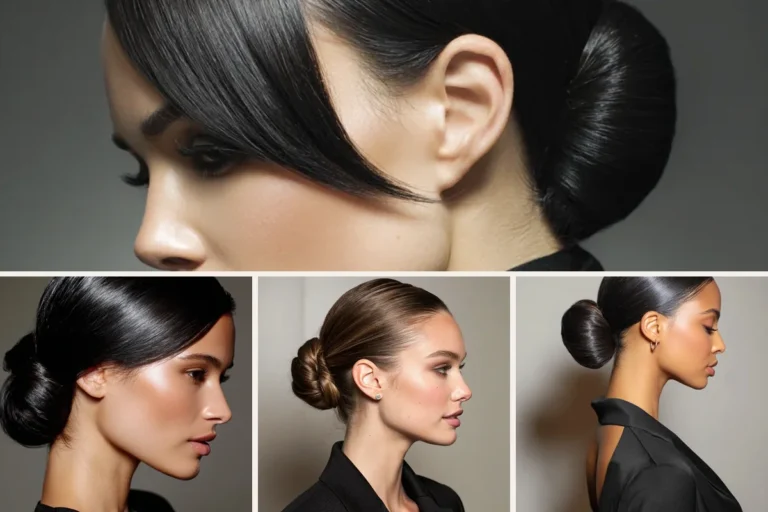 Sleek low bun hairstyle, featured collage